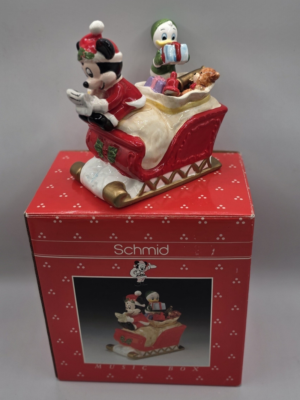 Schmid Mickey & Donald Christmas Sleigh Figurine - Red & White Music Box.